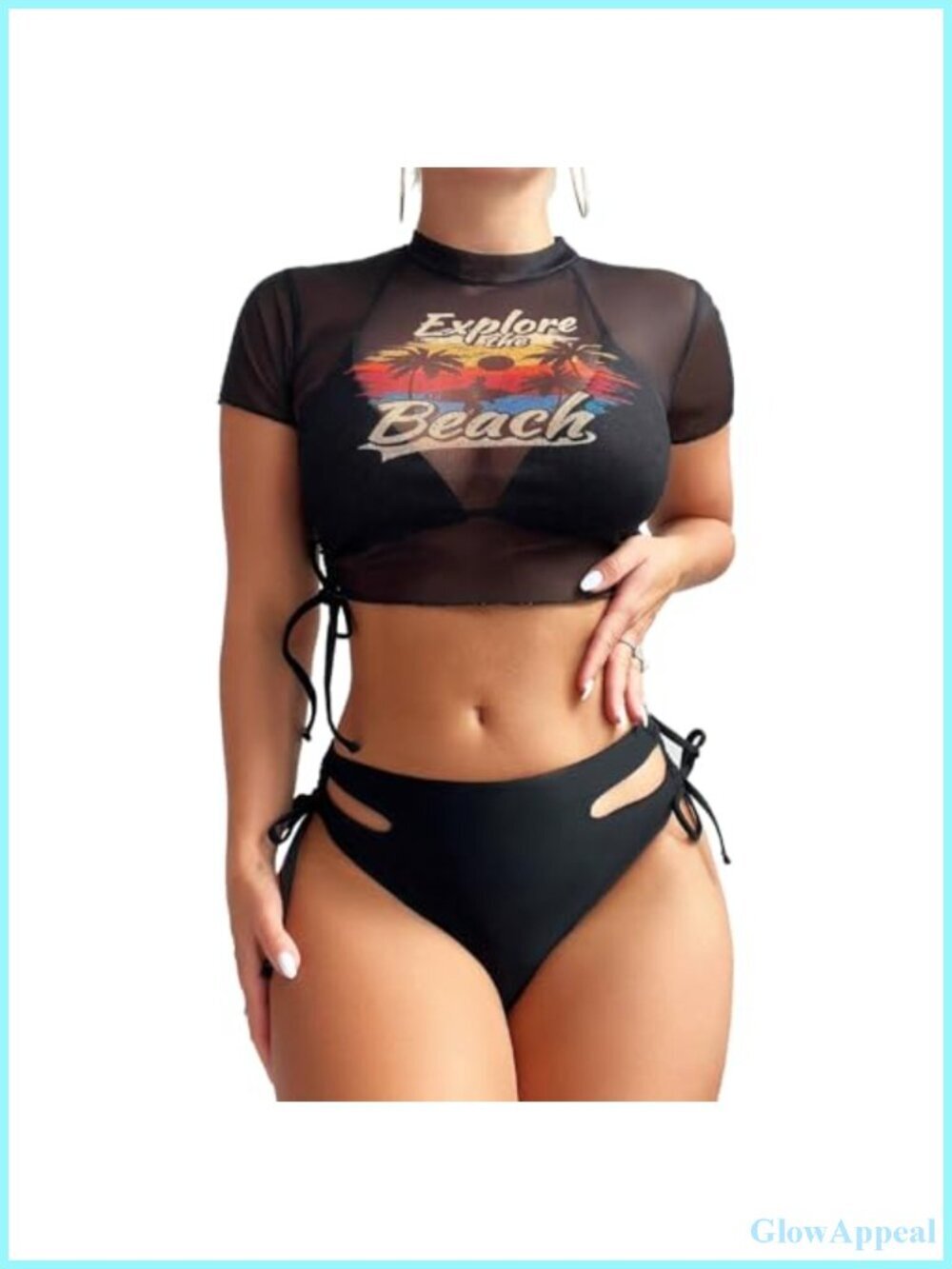 3 Piece Swimsuit Halter Bikini Set Mesh Short Sleeve Crop Top Rash Guard